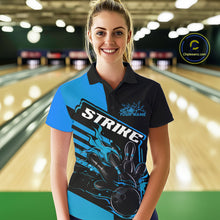 Load image into Gallery viewer, Custom Black And Blue Flame Strike Bowling Polo Shirts For Women, Bowling League Shirt IPHW9268
