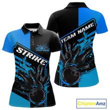 Load image into Gallery viewer, Custom Black And Blue Flame Strike Bowling Polo Shirts For Women, Bowling League Shirt IPHW9268