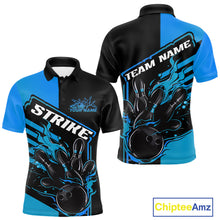 Load image into Gallery viewer, Custom Black And Blue Flame Strike Bowling Polo Shirts For Men, Fire Bowling League Shirt IPHW9268