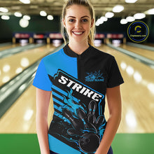 Load image into Gallery viewer, Custom Black And Blue Flame Strike Bowling Women Quarter-Zip Shirt, Bowling League Shirt IPHW9268