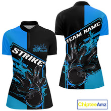 Load image into Gallery viewer, Custom Black And Blue Flame Strike Bowling Women Quarter-Zip Shirt, Bowling League Shirt IPHW9268