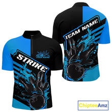 Load image into Gallery viewer, Custom Black And Blue Flame Strike Bowling Quarter-Zip Shirts For Men, Fire Bowling League Shirt IPHW9268