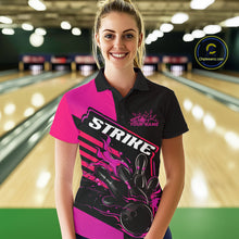 Load image into Gallery viewer, Custom Black And Pink Flame Strike Bowling Polo Shirts For Women, Bowling League Shirt IPHW9269