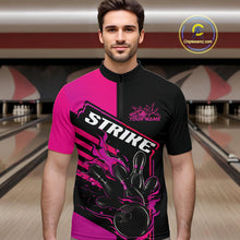 Load image into Gallery viewer, Custom Black And Pink Flame Strike Bowling Quarter-Zip Shirts For Men, Fire Bowling League Shirt IPHW9269