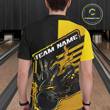 Load image into Gallery viewer, Custom Black And Gold Flame Strike Bowling Polo Shirts For Men, Fire Bowling League Shirt IPHW9270