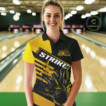 Load image into Gallery viewer, Custom Black And Gold Flame Strike Bowling Polo Shirts For Women, Bowling League Shirt IPHW9270