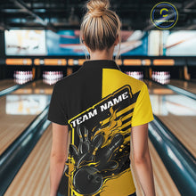 Load image into Gallery viewer, Custom Black And Gold Flame Strike Bowling Polo Shirts For Women, Bowling League Shirt IPHW9270