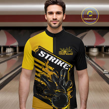 Load image into Gallery viewer, Custom Black And Gold Flame Strike Bowling Quarter-Zip Shirts For Men, Fire Bowling League Shirt IPHW9270