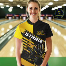 Load image into Gallery viewer, Custom Black And Gold Flame Strike Bowling Women Quarter-Zip Shirt, Bowling League Shirt IPHW9270