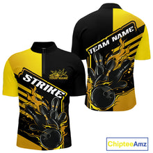 Load image into Gallery viewer, Custom Black And Gold Flame Strike Bowling Quarter-Zip Shirts For Men, Fire Bowling League Shirt IPHW9270