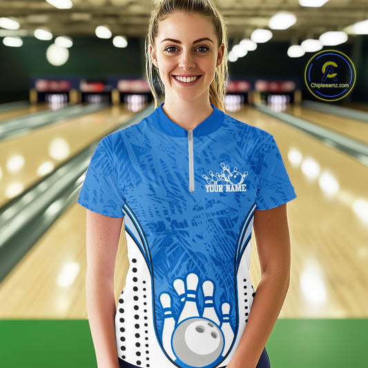 Custom Blue Camo Bowling Team Quarter-Zip Shirts For Women, Bowling Jerseys Bowler Outfit IPHW9598