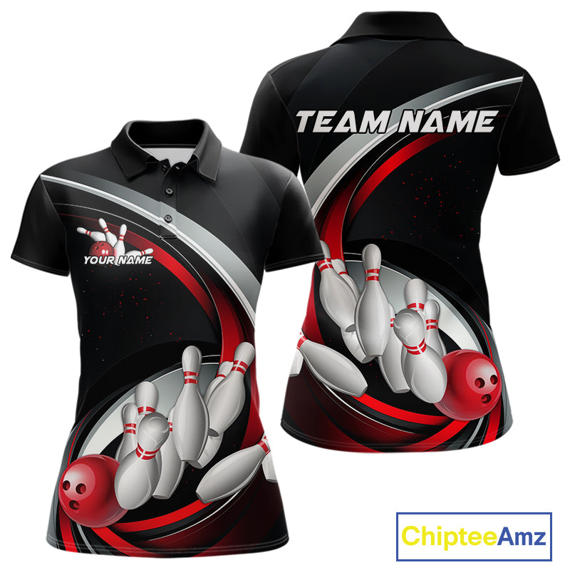 Custom Black And Red Bowling Team Jerseys, Bowler Uniform Bowling Polo Shirts For Women IPHW9276