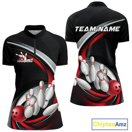 Custom Black And Red Bowling Team Jerseys, Bowler Uniform Bowling Women Quarter-Zip Shirt IPHW9276