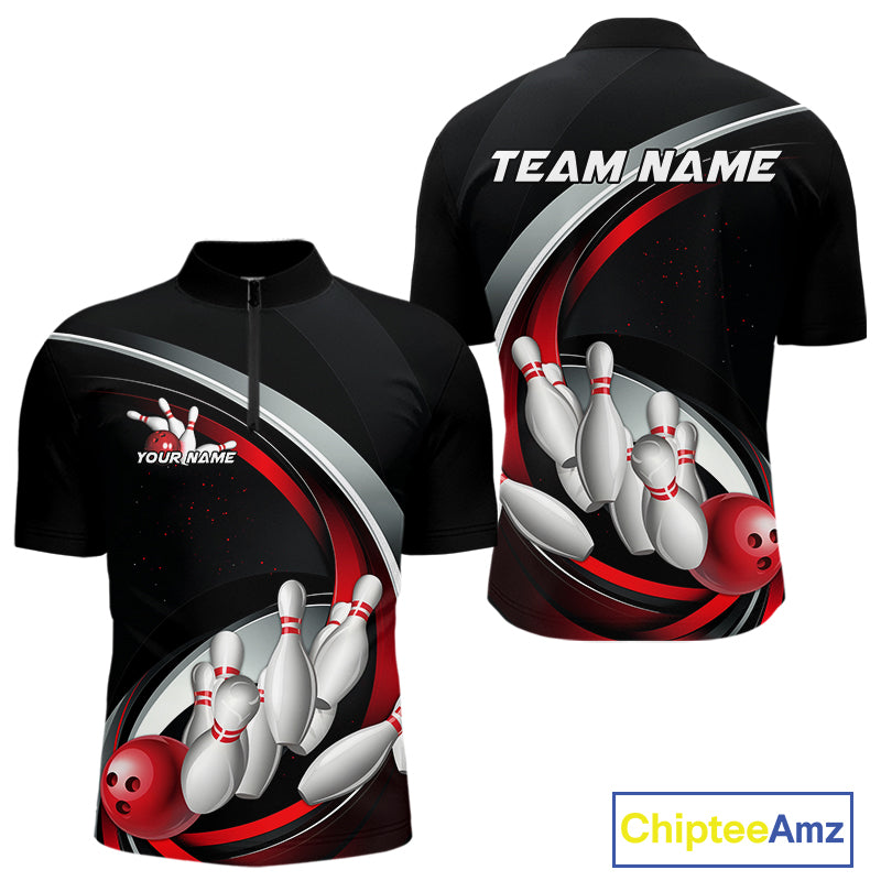 Custom Black And Red Bowling Team Jerseys, Bowler Uniform Bowling Quarter-Zip Shirts For Men IPHW9276