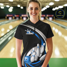 Load image into Gallery viewer, Custom Black Blue Bowling Team Jerseys, Bowler Uniform Bowling Women Quarter-Zip Shirts IPHW9277
