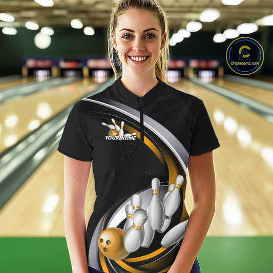 Custom Black Yellow Bowling Team Jerseys, Bowler Uniform Bowling Women Quarter-Zip Shirts IPHW9278