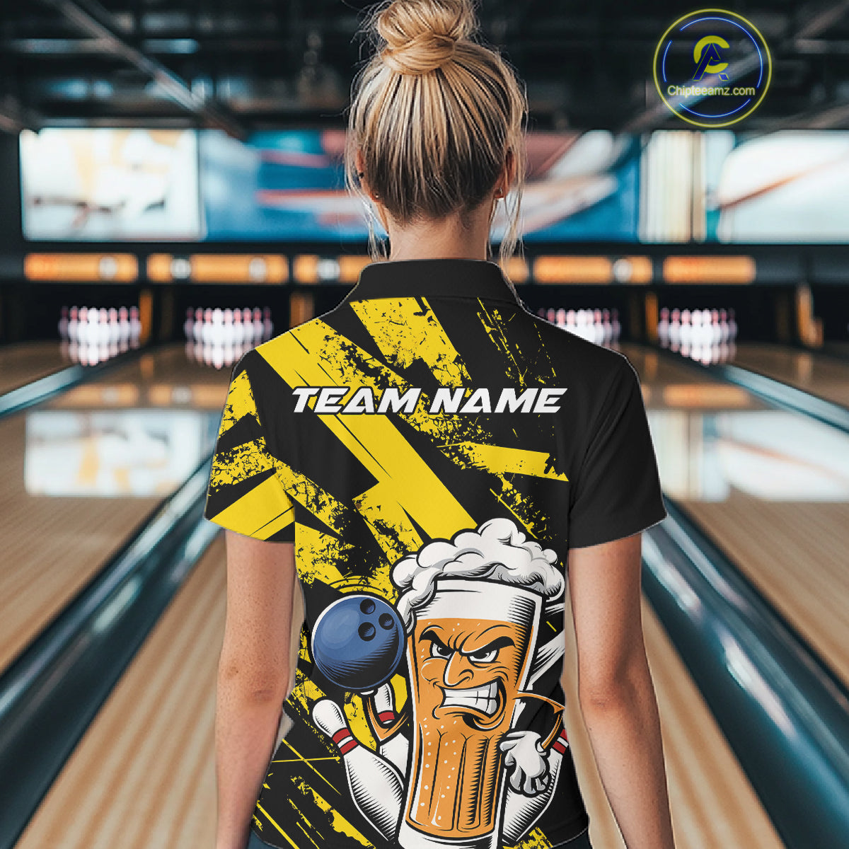 Custom Grunge Yellow Funny Bowling And Beer Polo Shirts For Women, Bowling Team Uniform IPHW9607