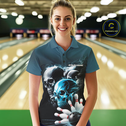 Custom Teal Blue Smoke Skull Bowling Women Polo Shirt, Ghostly Halloween Bowling Outfit IPHW9519