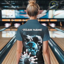Load image into Gallery viewer, Custom Teal Blue Smoke Skull Bowling Women Polo Shirt, Ghostly Halloween Bowling Outfit IPHW9519