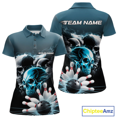 Custom Teal Blue Smoke Skull Bowling Women Polo Shirt, Ghostly Halloween Bowling Outfit IPHW9519