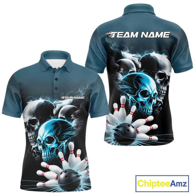Custom Teal Blue Smoke Skull Bowling Polo Shirts For Men, Ghostly Halloween Bowling Outfit IPHW9519