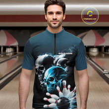 Load image into Gallery viewer, Custom Teal Blue Smoke Skull Bowling Quarter-Zip Shirts For Men, Ghostly Halloween Bowling Outfit IPHW9519