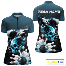 Load image into Gallery viewer, Custom Teal Blue Smoke Skull Bowling Women Quarter-Zip Shirt, Ghostly Halloween Outfit IPHW9519