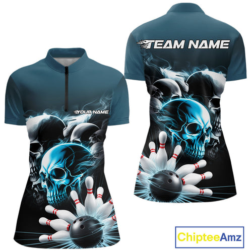 Custom Teal Blue Smoke Skull Bowling Women Quarter-Zip Shirt, Ghostly Halloween Outfit IPHW9519