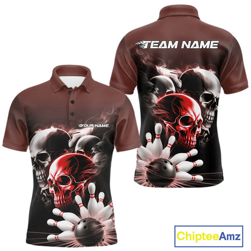 Custom Red Smoke Skull Bowling Polo Shirts For Men, Ghostly Halloween Bowling Outfit IPHW9520