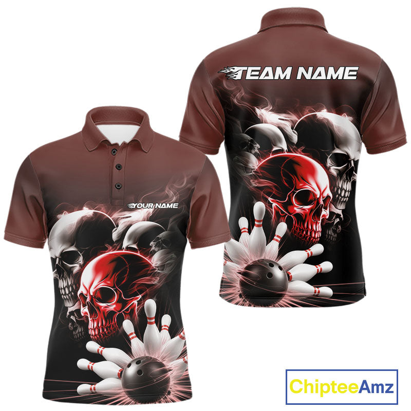 Custom Red Smoke Skull Bowling Polo Shirts For Men, Ghostly Halloween Bowling Outfit IPHW9520