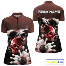 Load image into Gallery viewer, Custom Red Smoke Skull Bowling Women Quarter-Zip Shirt, Ghostly Halloween Bowling Outfit IPHW9520