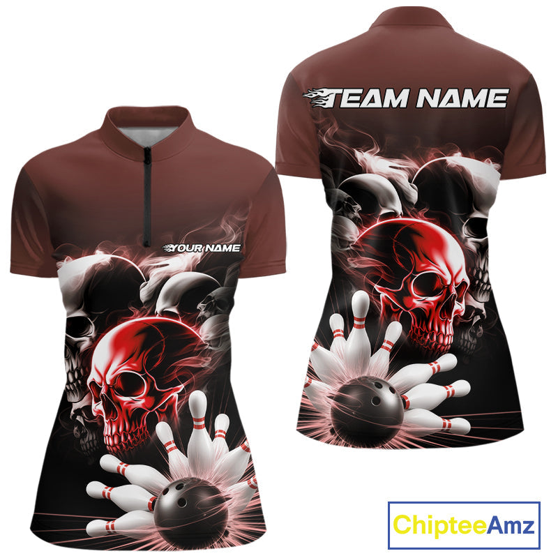 Custom Red Smoke Skull Bowling Women Quarter-Zip Shirt, Ghostly Halloween Bowling Outfit IPHW9520