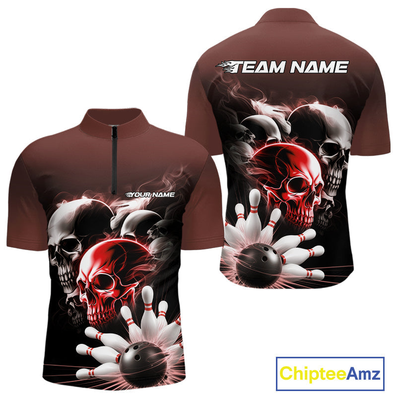 Custom Red Smoke Skull Bowling Quarter-Zip Shirts For Men, Ghostly Halloween Bowling Outfit IPHW9520