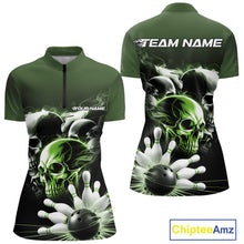 Load image into Gallery viewer, Custom Green Smoke Skull Bowling Women Quarter-Zip Shirt, Ghostly Halloween Outfit IPHW9522
