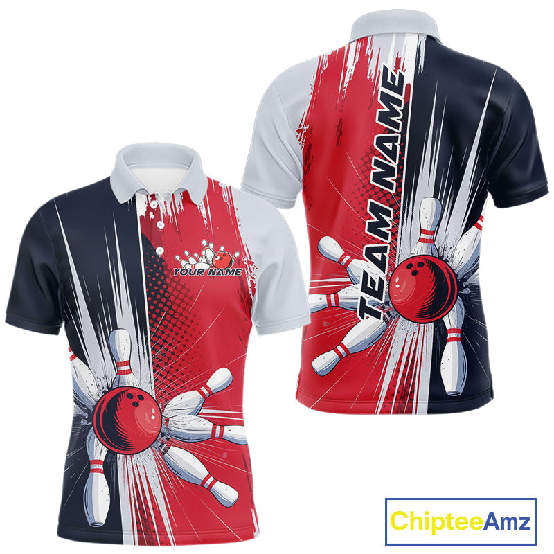 Custom Red, White And Blue Bowling Team Polo Shirts For Men, Bowling Jerseys IPHW9546