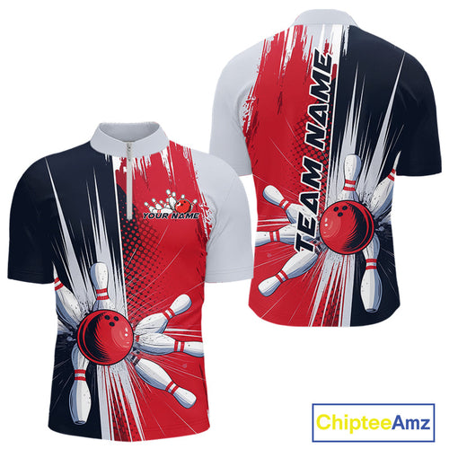 Custom Red, White And Blue Bowling Team Quarter-Zip Shirts For Men, Bowling Jerseys IPHW9546