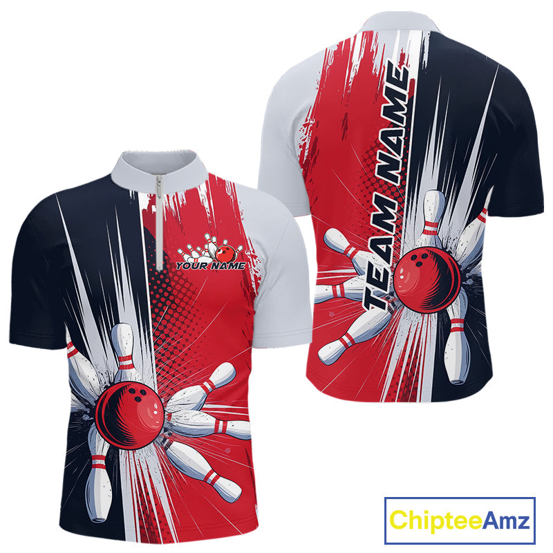 Custom Red, White And Blue Bowling Team Quarter-Zip Shirts For Men, Bowling Jerseys IPHW9546
