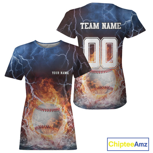 Custom Name And Number Thunder Lightning Flame Baseball Team Women T-Shirts IPHW9584
