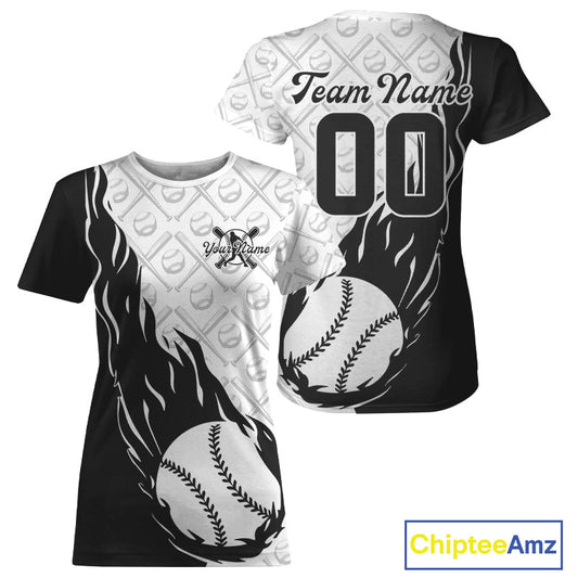 Custom Black And White Flame Baseball Team T-Shirts For Women, Baseball Lovers Team Uniform IPHW9589