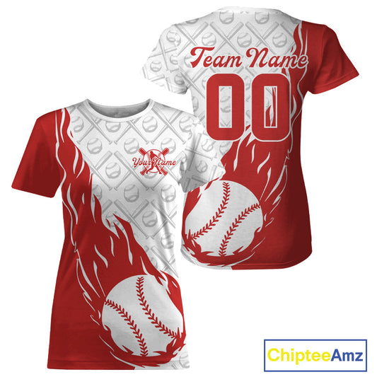 Custom Red Flame Baseball Team T-Shirts For Women, Baseball Lovers Team Uniform IPHW9590