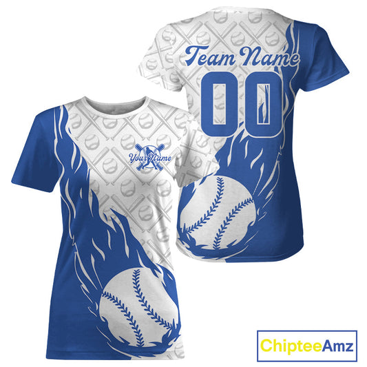 Custom Blue Flame Baseball Team T-Shirts For Women, Baseball Lovers Team Uniform IPHW9591