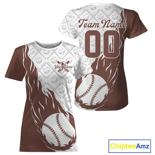 Custom Brown Flame Baseball Team T-Shirts For Women, Baseball Lovers Team Uniform IPHW9592