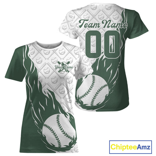 Custom Green Flame Baseball Team T-Shirts For Women, Baseball Lovers Team Uniform IPHW9593