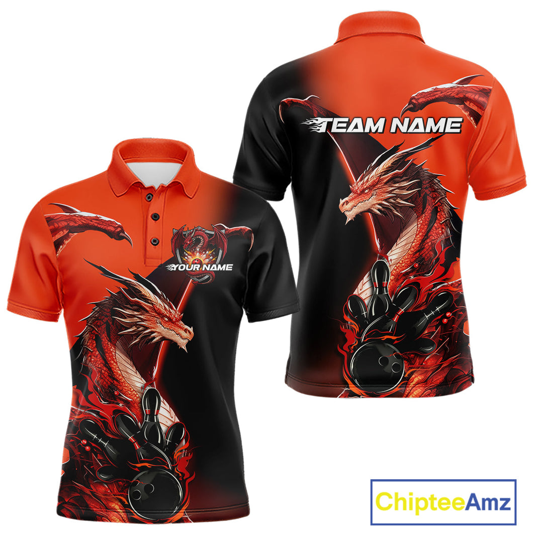 Custom Red Orange Dragon Flame Bowling Polo Shirts For Men, Bowling Tournament Shirt IPHW9330