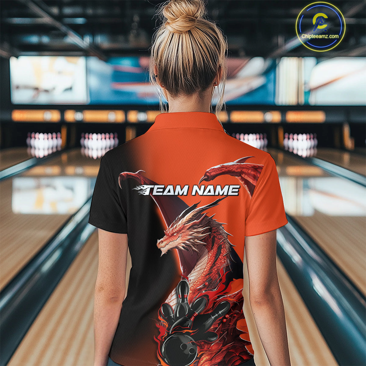 Custom Red Orange Dragon Flame Bowling Women Quarter-Zip Shirt, Bowling Tournament Shirt IPHW9330