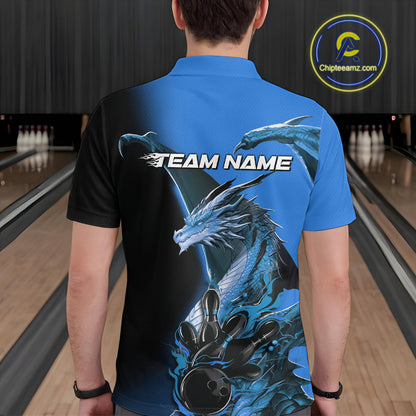 Custom Blue Dragon Flame Bowling Polo Shirts For Men, Bowling Tournament Shirt IPHW9331
