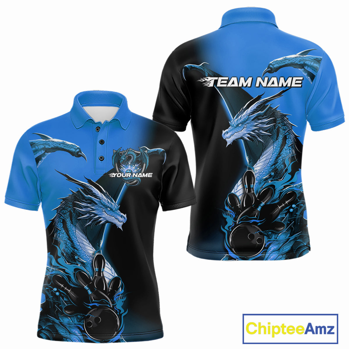 Custom Blue Dragon Flame Bowling Polo Shirts For Men, Bowling Tournament Shirt IPHW9331