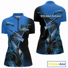Load image into Gallery viewer, Custom Blue Dragon Flame Bowling Quarter-Zip Shirt For Women, Bowling Tournament Shirt IPHW9331