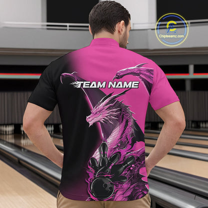 Custom Pink Dragon Flame Bowling Quarter-Zip Shirts For Men, Bowling Tournament Shirt IPHW9332