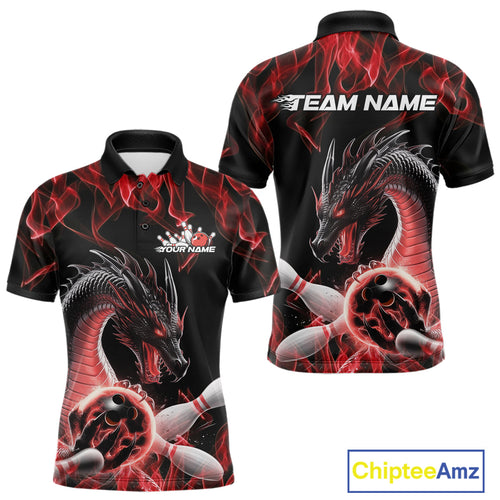 Custom Black And Red Fire Flame Dragon Bowling Polo Shirt For Men, Dragon Bowling Jersey IPHW9821